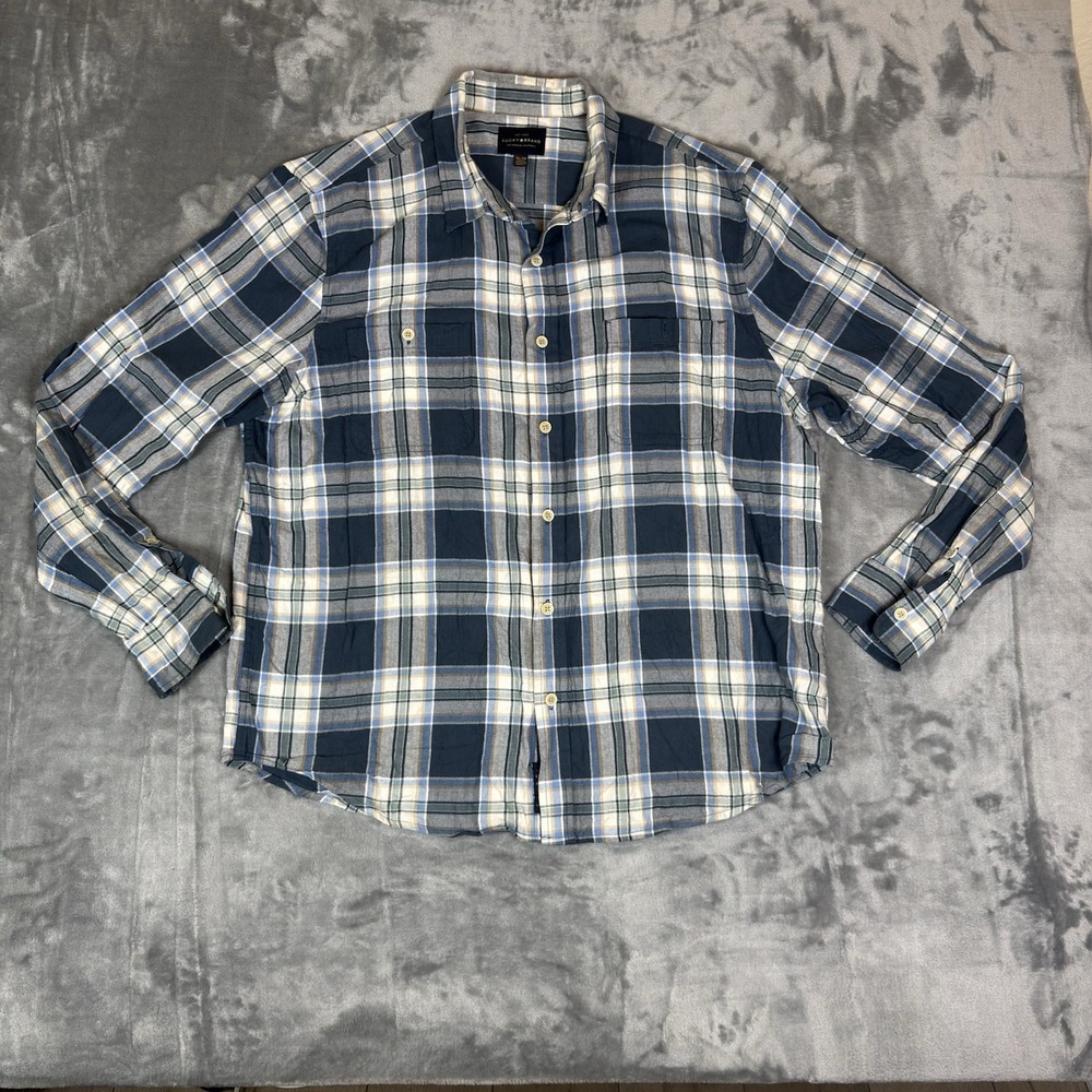 Lucky Brand Shirt Mens XL Blue Plaid Flannel Long‎ Sleeve Button Down Casual